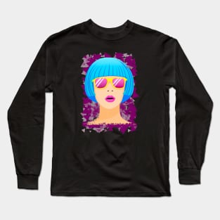 Girl with blue hair and pink sunglasses Long Sleeve T-Shirt